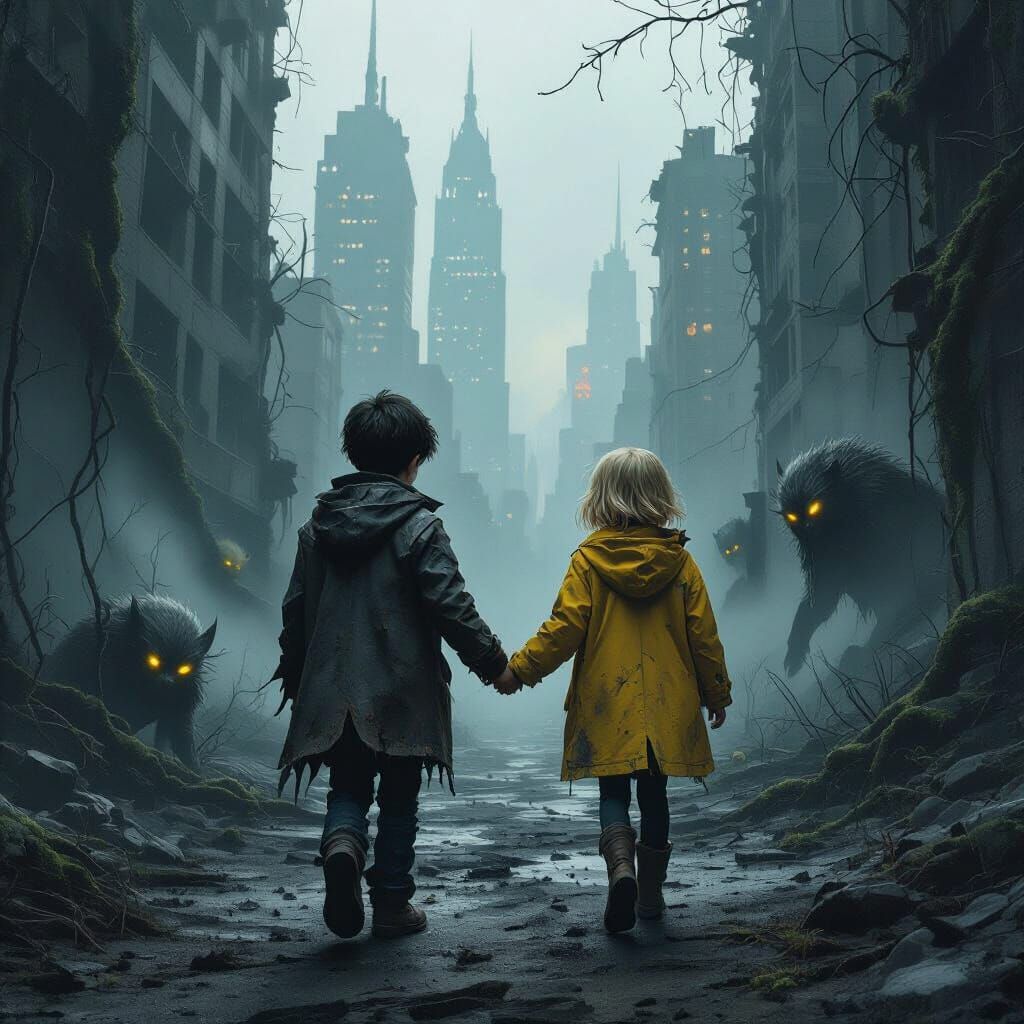 Post-Apocalyptic City Exploration in Dark Fantasy Style