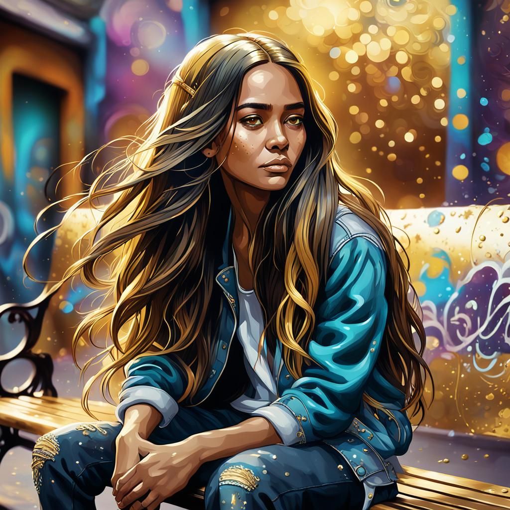 Woman in Gold Embellished Background with Vibrant Bokeh