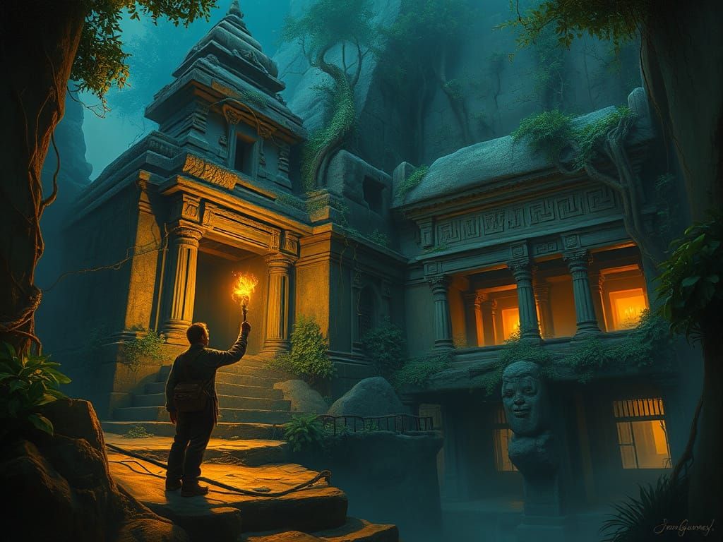 Forgotten Temple Explorer in Lush Landscape