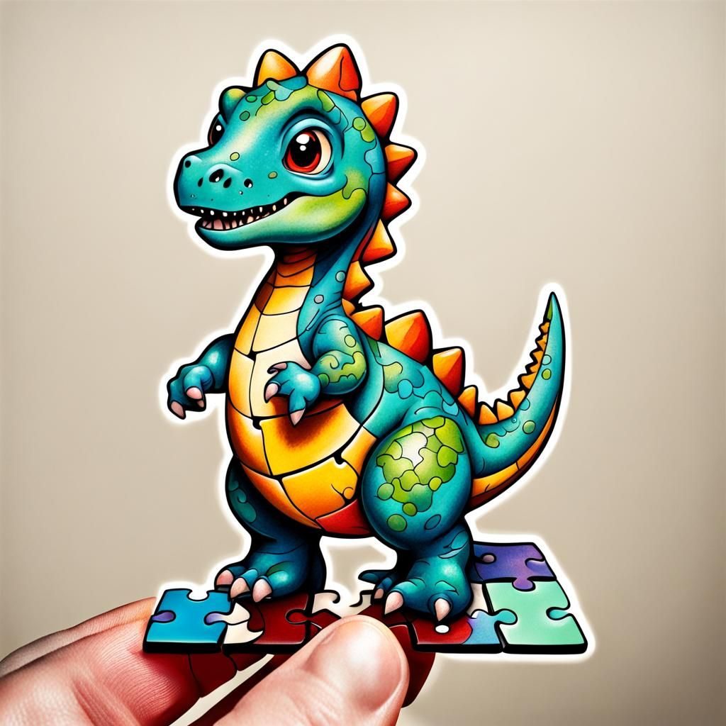 Baby dinosaur standing on a puzzle piece tattoo