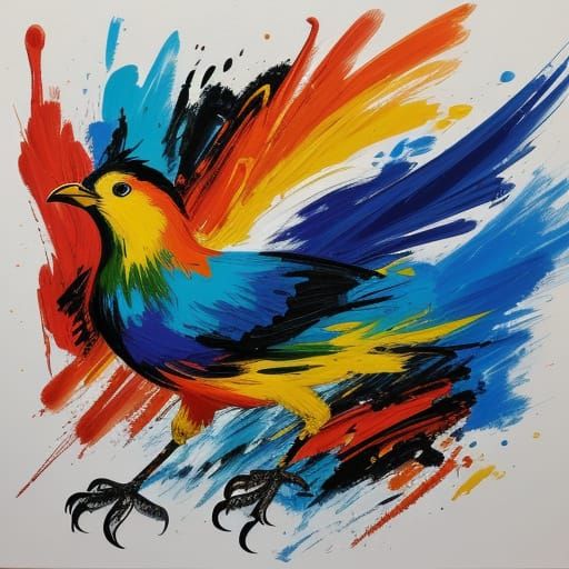Vibrant Abstract Expressionist Bird Feeding Chick