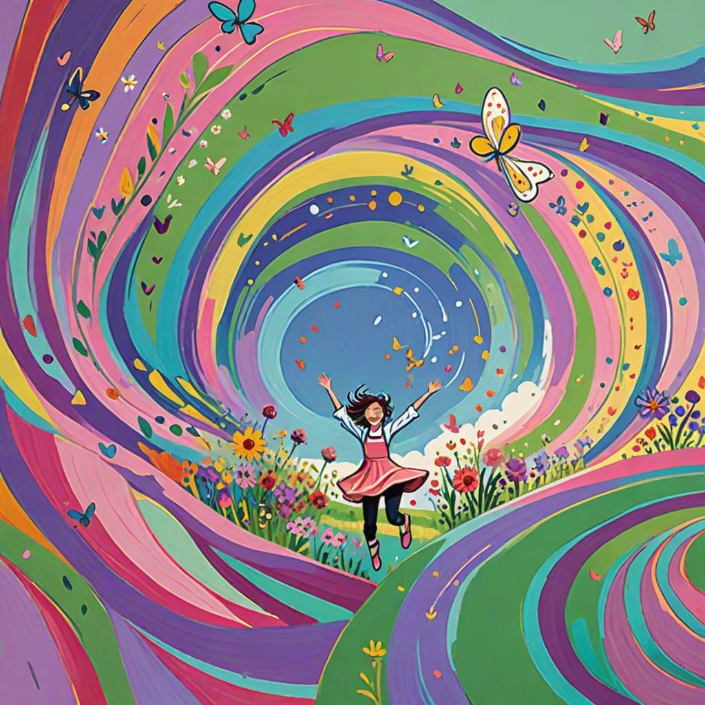 Surreal Folk-Art Goddess Soars in Whimsical Meadow Scene