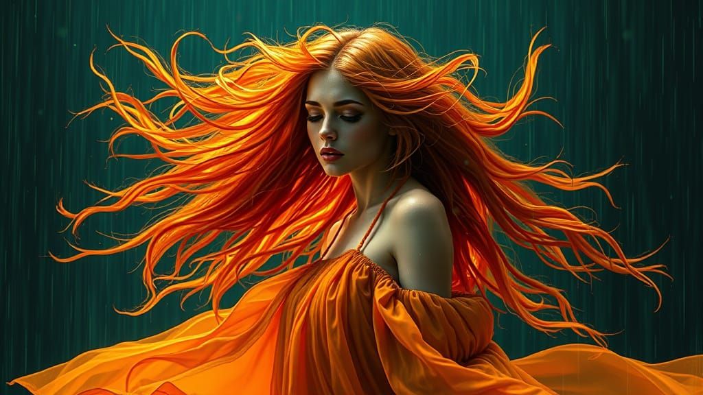 Fiery Woman in Radium Rain: Fantasy Art