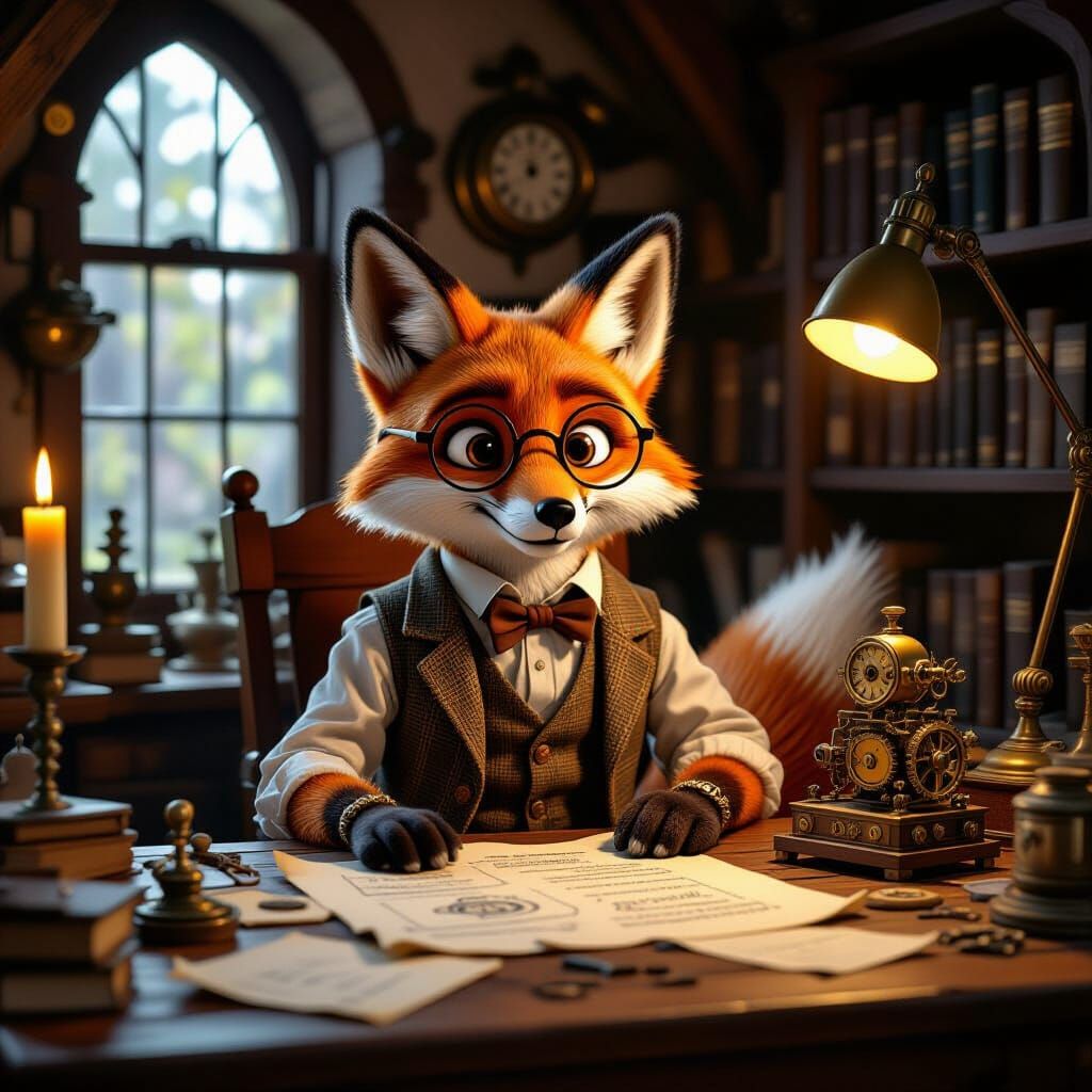 Whimsical Fox Inventor in Cozy Study