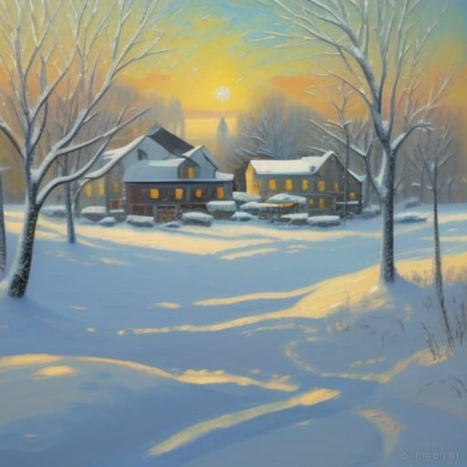 Expressionist Oil Painting of Snowy Village in Sunlight