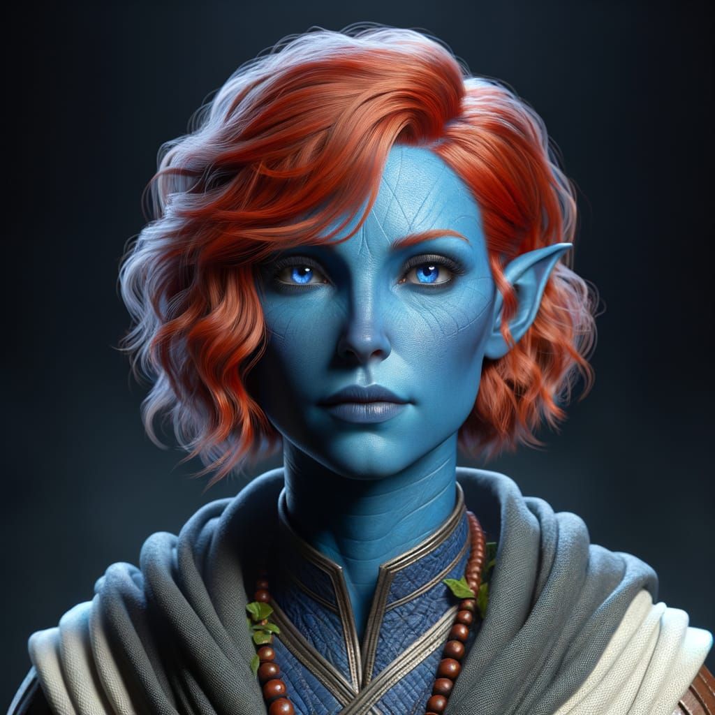 Firbolg Priestess with Vibrant Blue Skin and Red Locks
