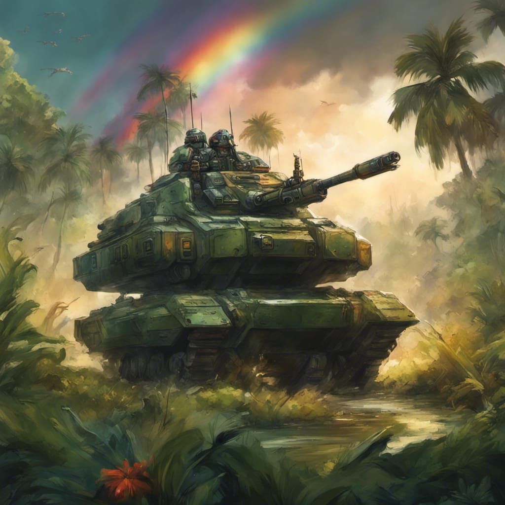 High Gothic Mecha-Tank in Lush Tropical Marshland