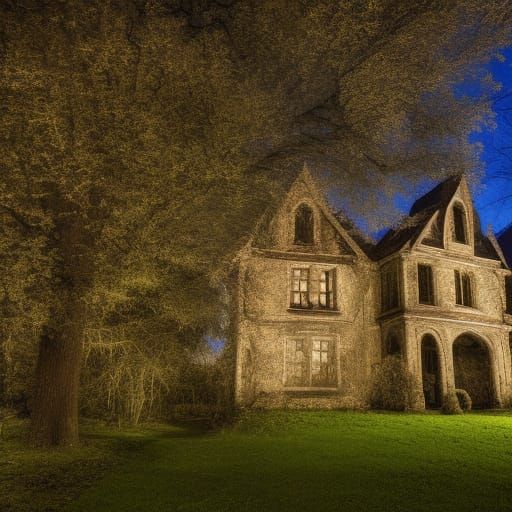 Gothic Manor in Overgrown Forest at Night