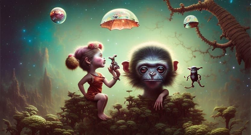 Girl and Alien Monkey in Space, Photorealistic Style