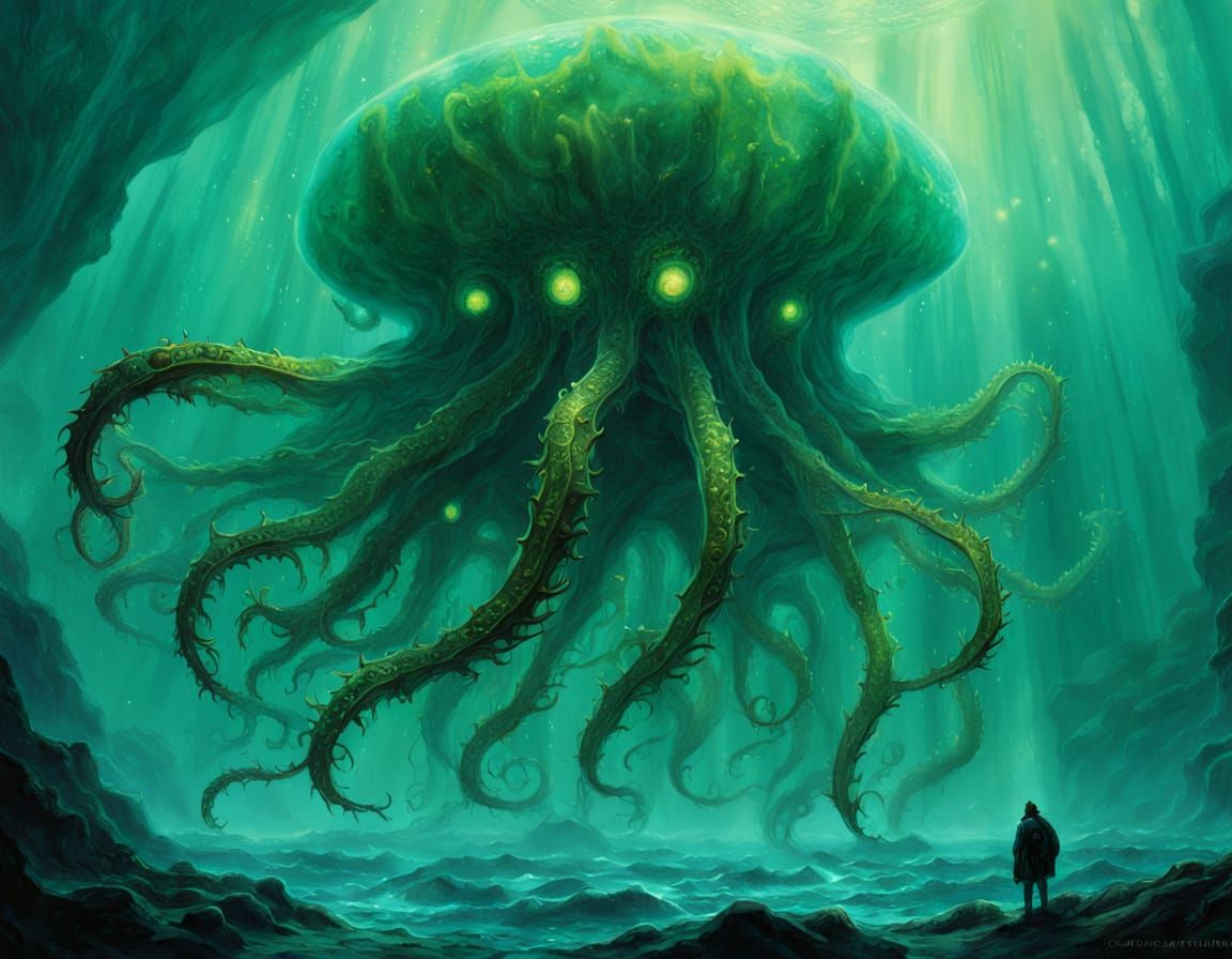 Bioluminescent Tentacled Creature Emerges from Abyss