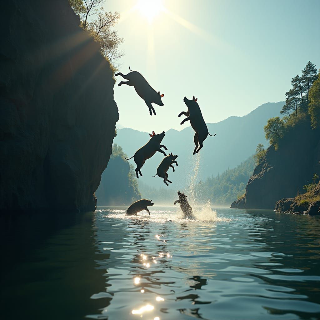 Pigs Plunging into Lake: Wildlife Photography