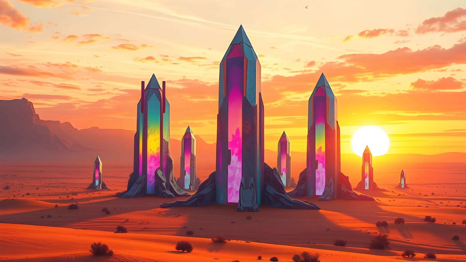 Crystal Monuments Reflect Sunset in Desert