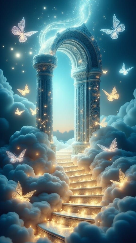 <lora:Fairy Lights:1.0> A majestic marble arch stands tall among swirling clouds, with pearl-white steps leading upward ...