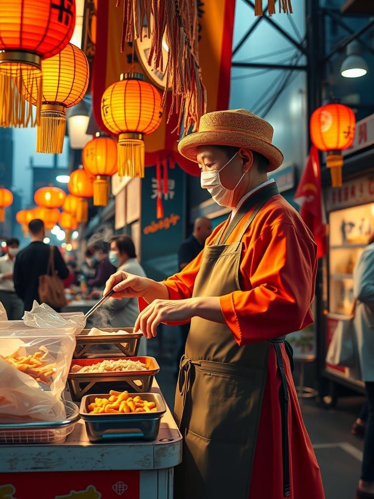 Seoul Street Food Vendor in Vibrant Digital Painting
