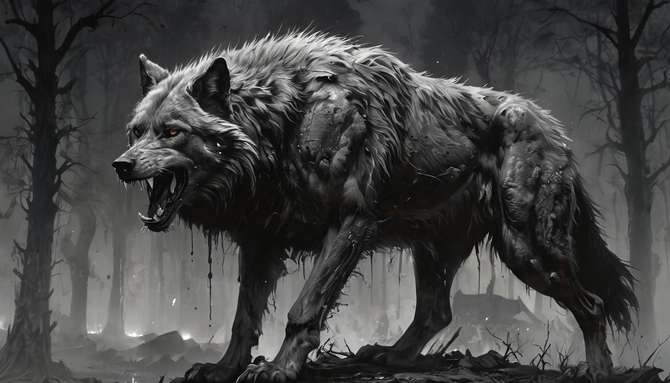 Monstrous Wolf in Dark, Charcoal Hues