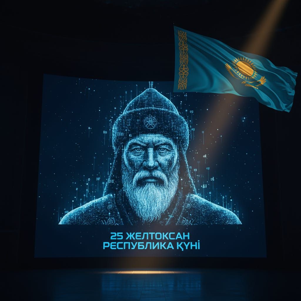 Holographic Kazakh Batyr Portrait in Cyberpunk Style