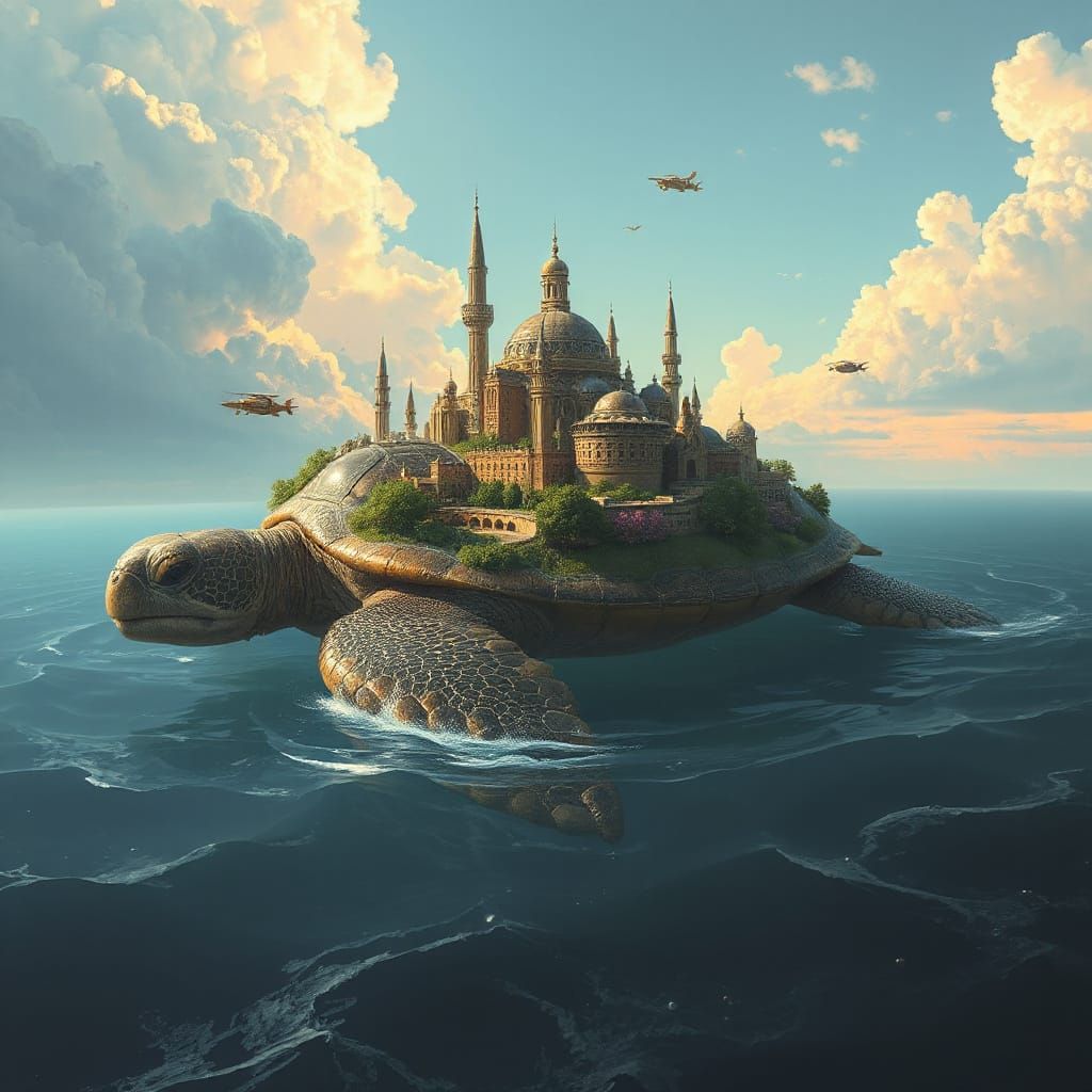Futuristic City on Turtle's Back in Impressionist Style