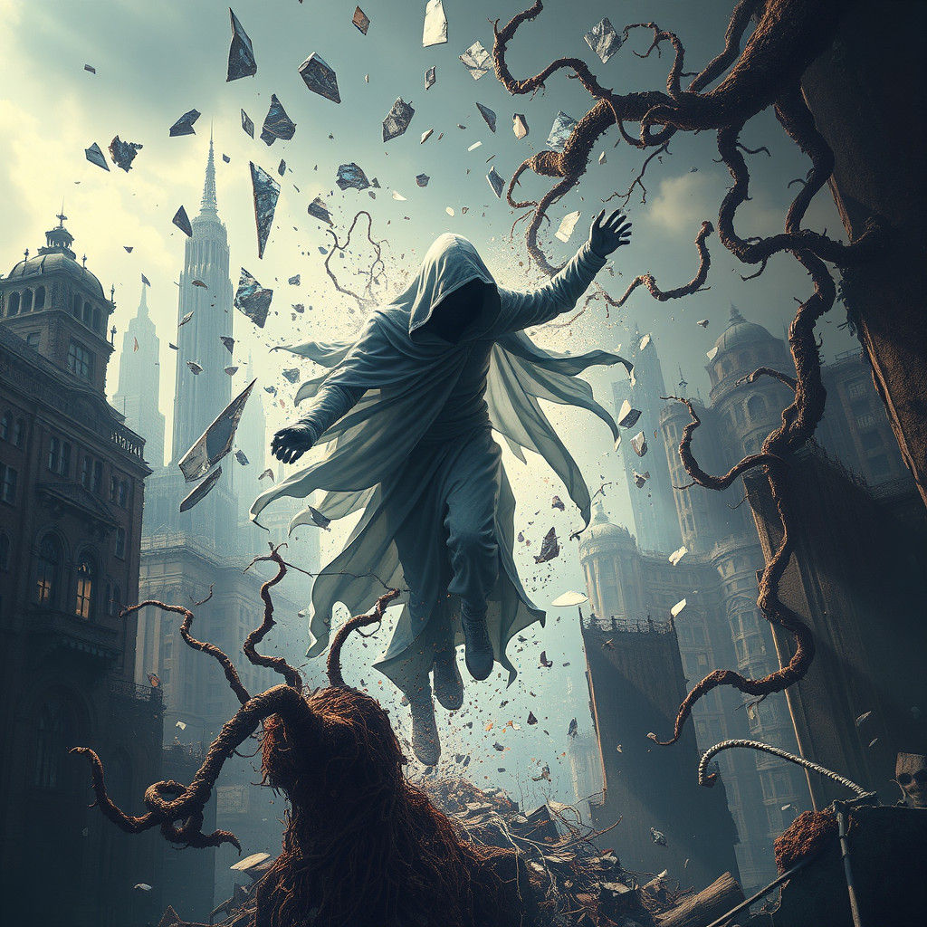 Ethereal Figure Escaping Decaying Dystopian World