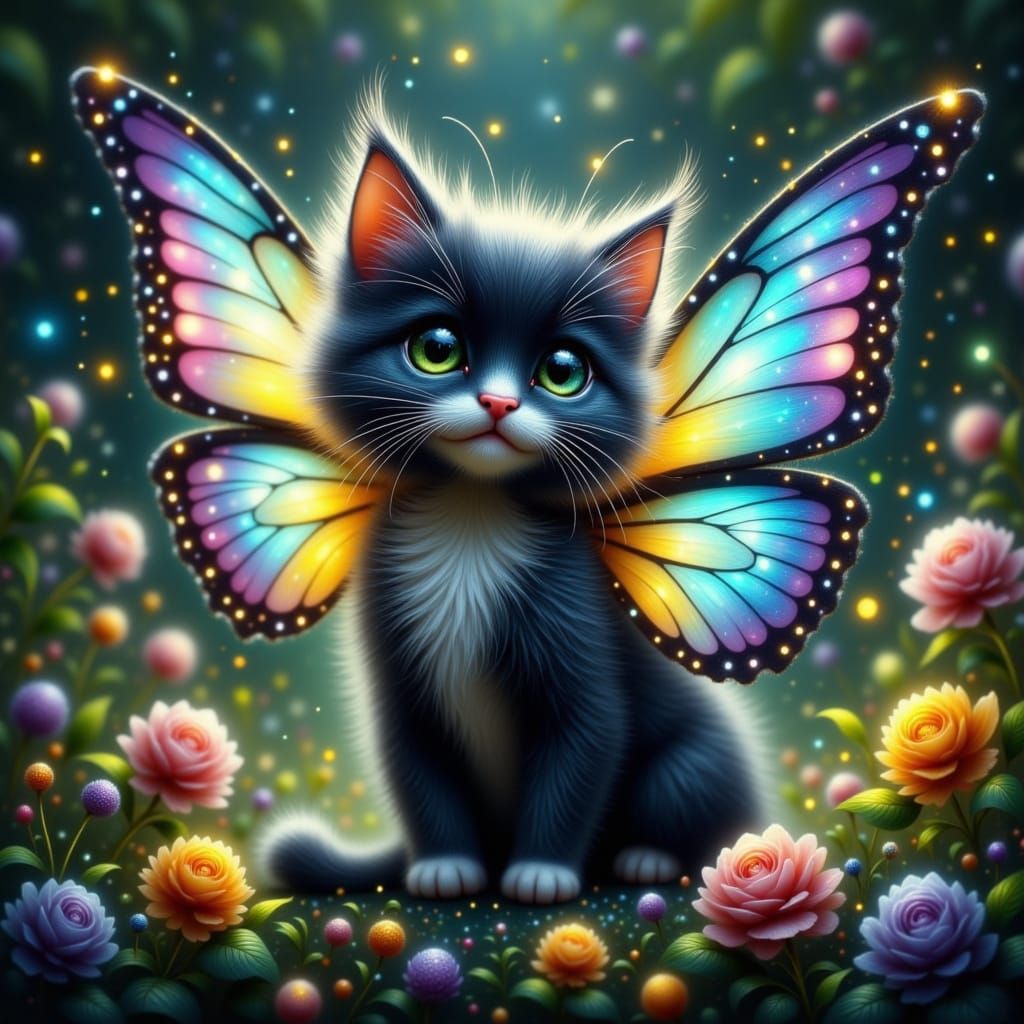 Enchanted Kitten Soars on Butterfly Wings in Whimsical Wonde...