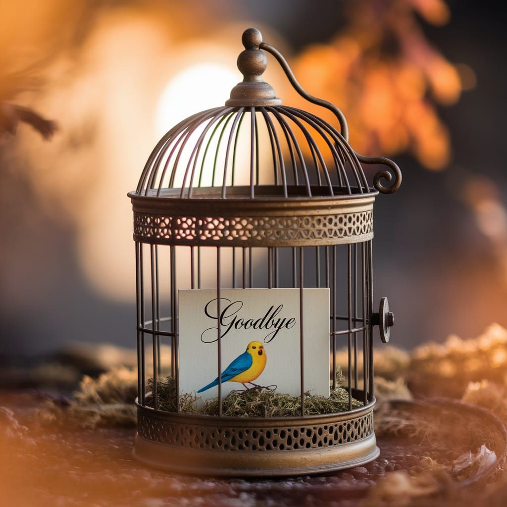 Golden Birdcage with Budgie and Goodbye Card