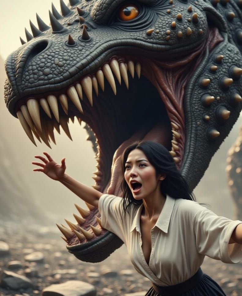 Photorealistic Horror: Japanese Woman Faces Godzilla's Fury