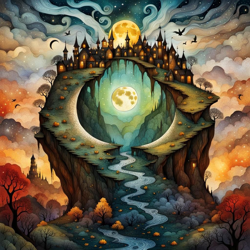 Mythological Dreamscape on Cracked Paper: Detailed Illustrat...