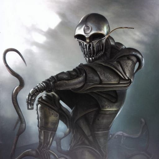 Biomechanical Cyborg in Dark Alien Landscape