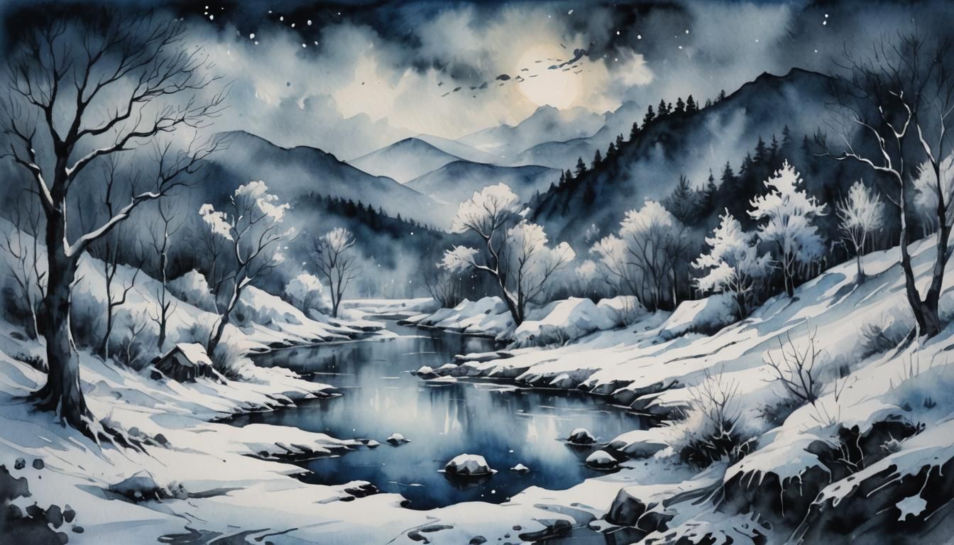 Fantasy Winter Landscape in Watercolour Painting
