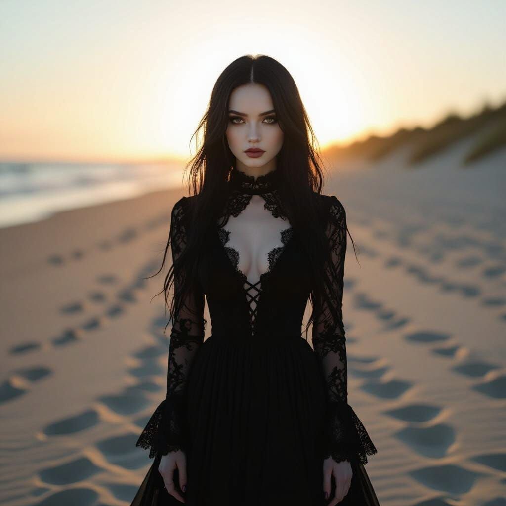Goth Girl on Beach in Dramatic Sunset Light