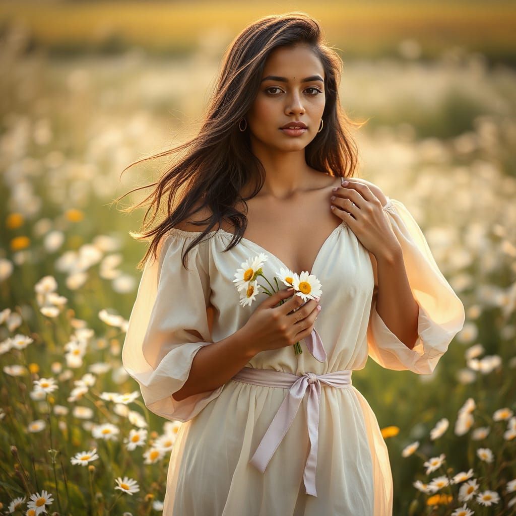 Indian Woman in Wildflower Meadow Bathed in Sunlight