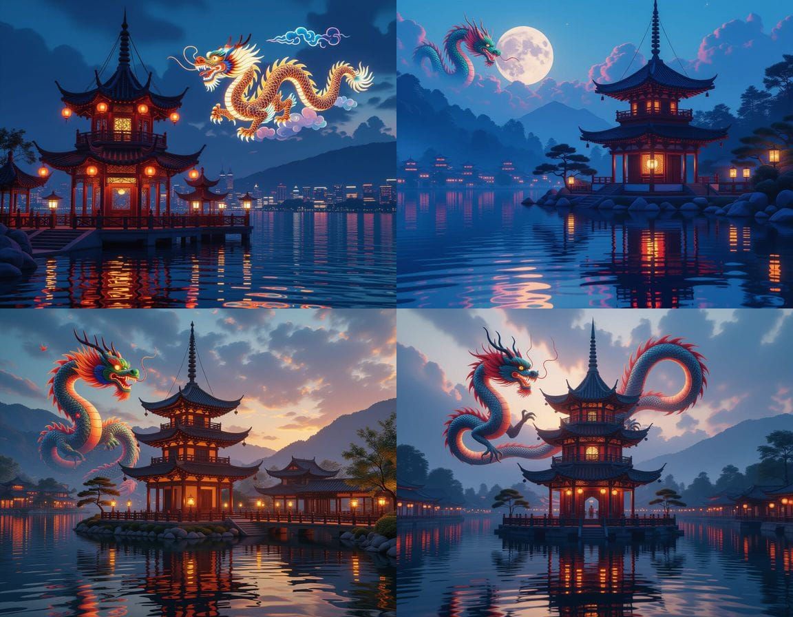 Dragon Lantern Festival at Pagoda by Lake, Matte Painting St...