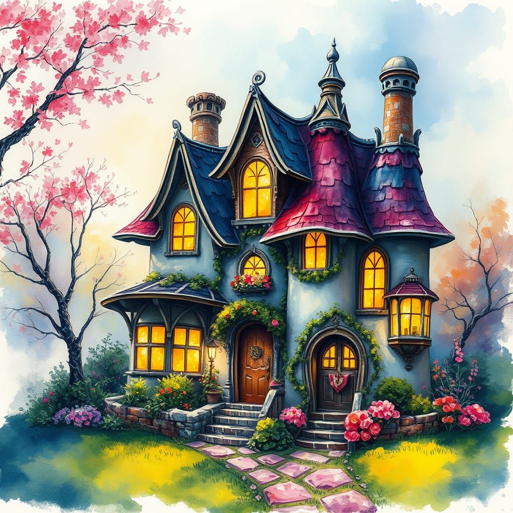 Whimsical Fairy Tale Estate in Gouache Watercolor Style