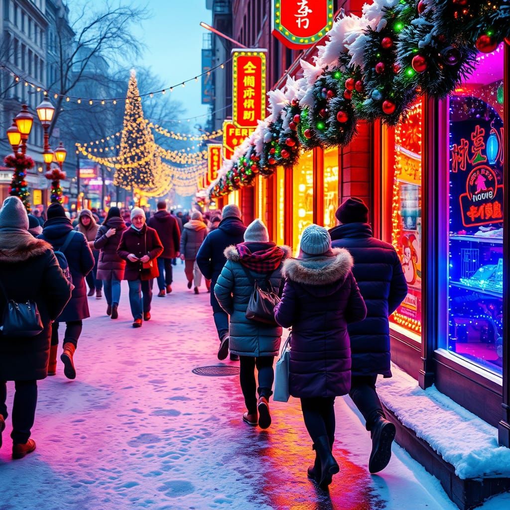 Magical Christmas City Scene in Whimsical Watercolor Style