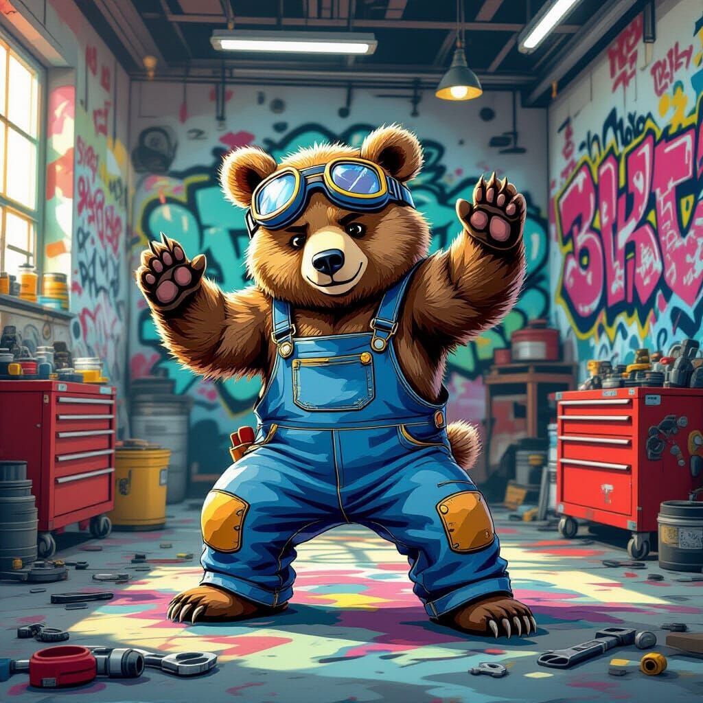 Mechanic Bear Breakdancing in Stylized Graffiti Scene