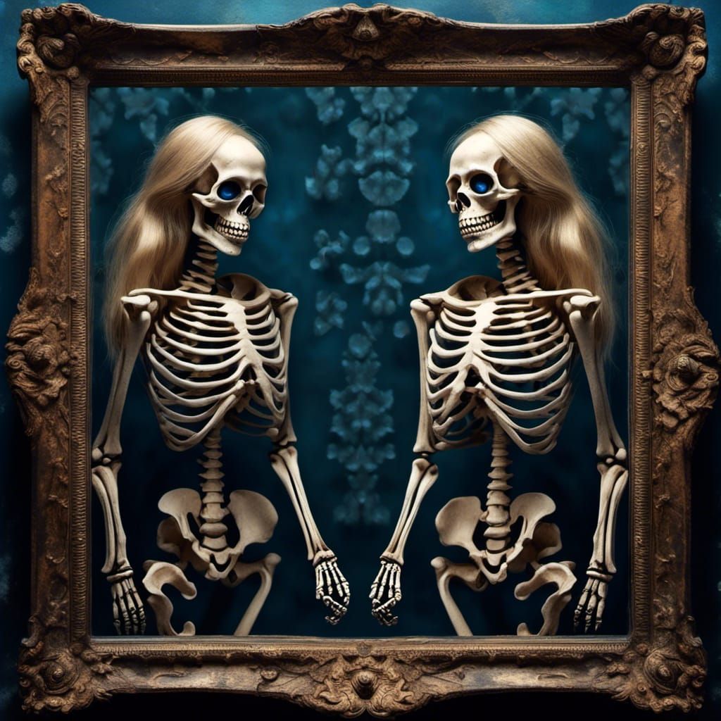 Woman and Skeleton Mirror Reflection in Expressionism