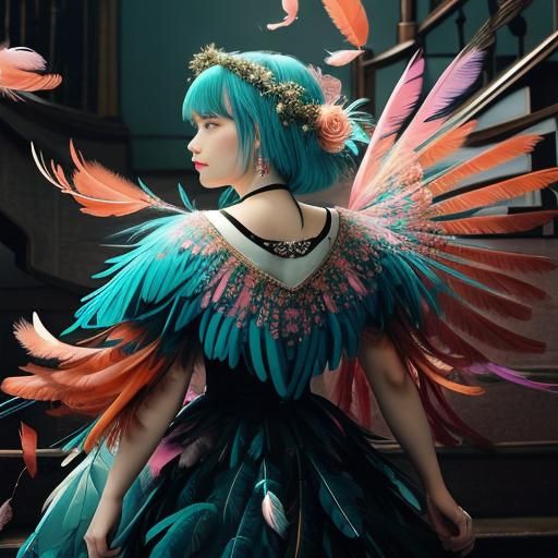 Surreal Staircase Scene with Colorful Feathers