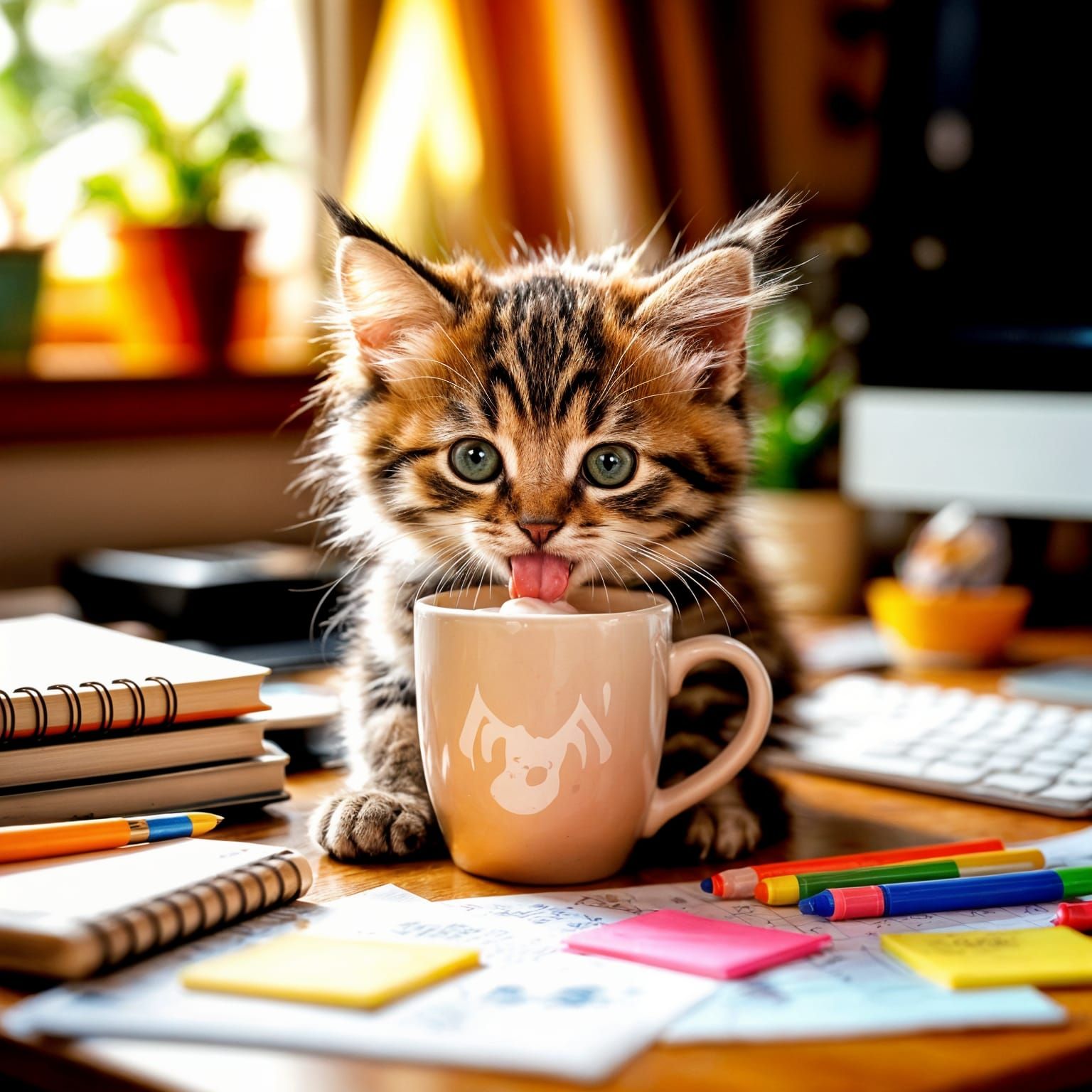Adorable Kitten Drinks Milk on Cluttered Desk