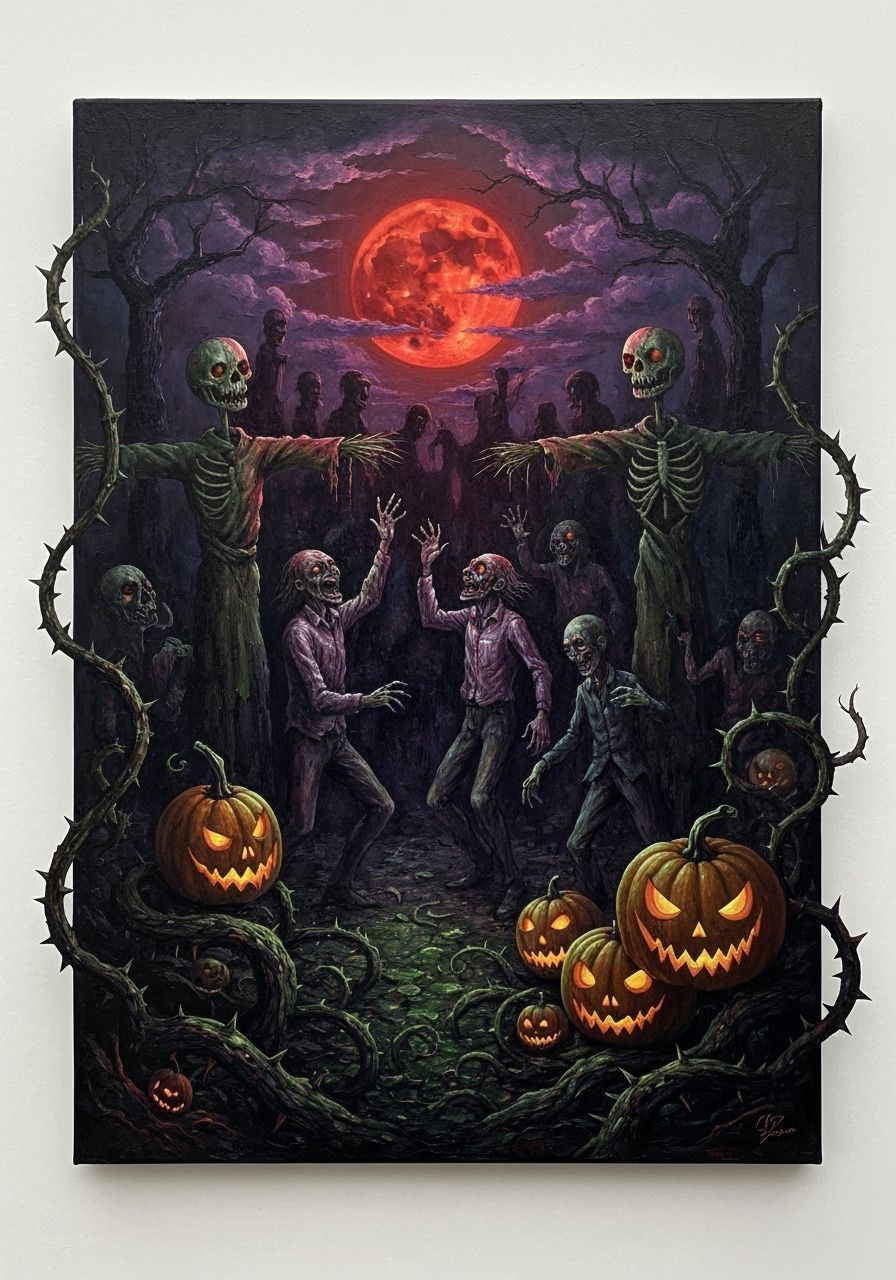 Nightmarish Harvest Festival Scene in Oil Painting Style