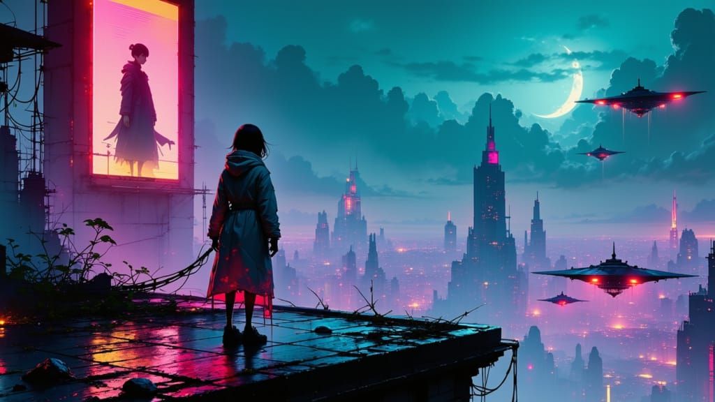 Cyberpunk Cityscape at Midnight with Hacker