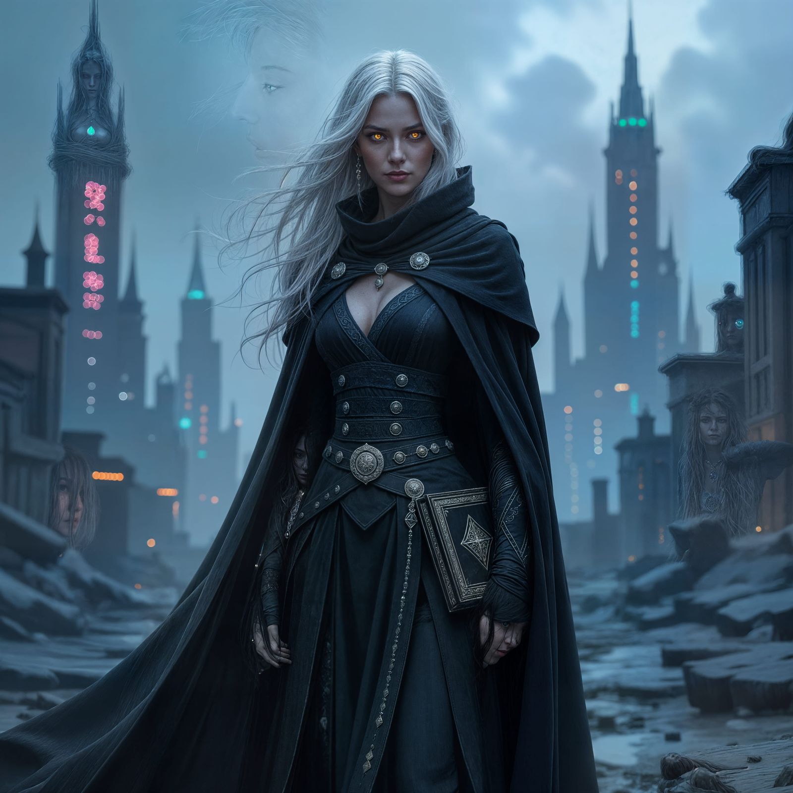 Sorceress in Cyberpunk Cityscape with Candlelit Cloak