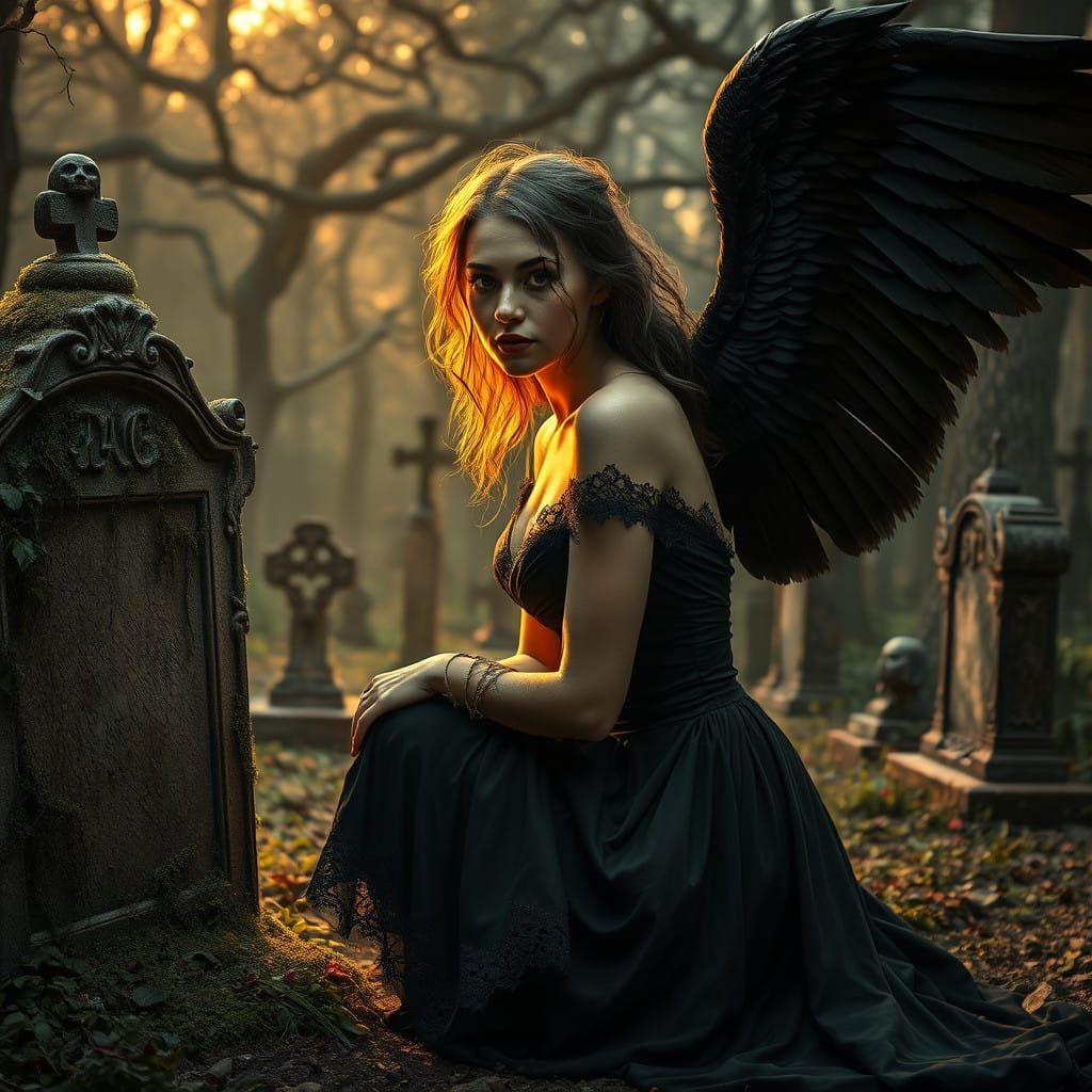 Dark Angel's Silent Vigil Amidst a Haunted Cemetery