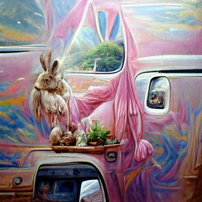 Pink Bunny's Hippie Van Adventure: An Oil Painting