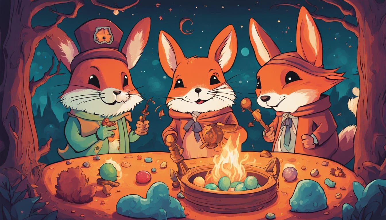 Fantasy Forest Animals Share Candy Amidst Nebulae