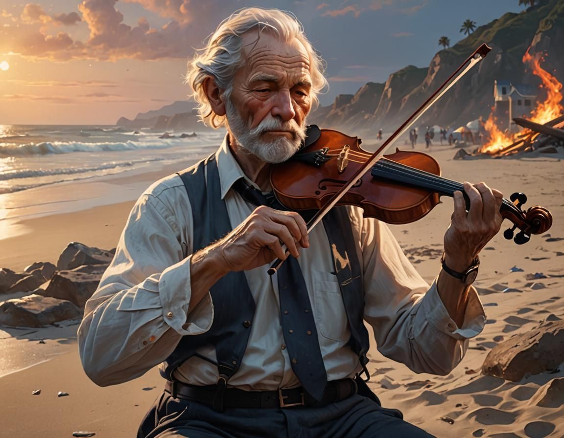 Violinist on Firelit Beach: Hyperdetailed Concept Art