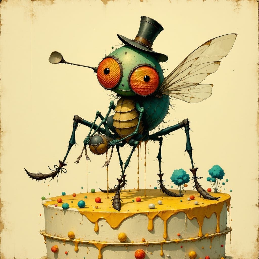 Whimsical Fly in Elegant Attire Sits on Decadent Cake
