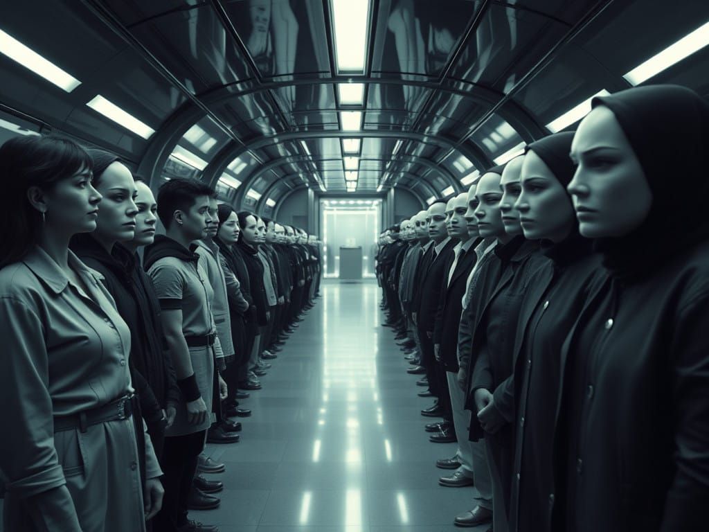 People Undergoing Blankathon Transformation in Futuristic Se...