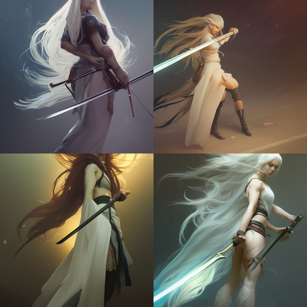 White-Haired Girl with Katana: Hyperdetailed Concept Art