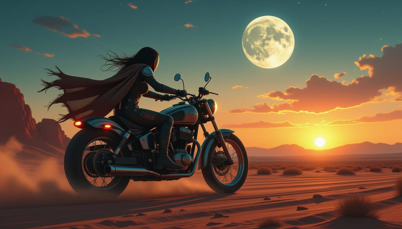 Cybernetic Motorcycle Queen in Desert Landscape
