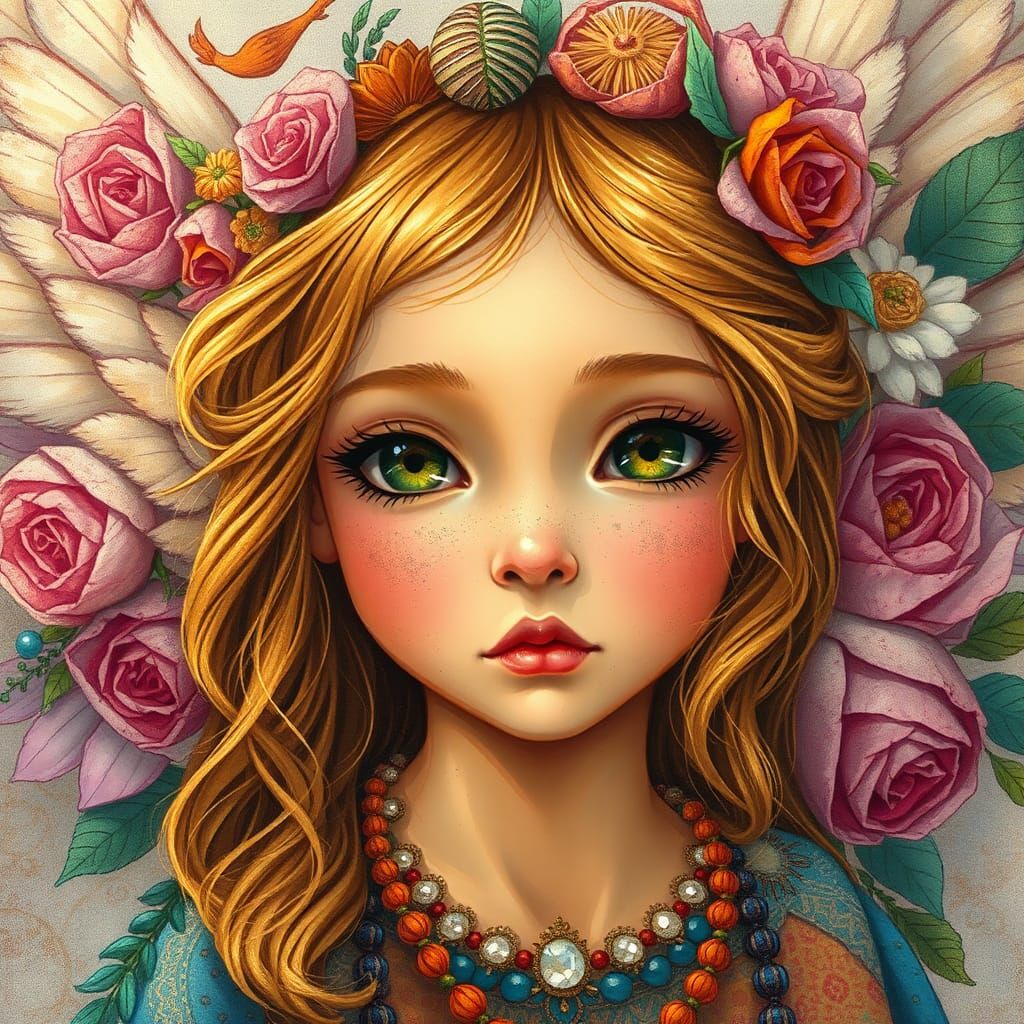 Close-up portrait of a bohemian angel with large, expressive eyes and delicate features, rendered in a realistic yet whi...