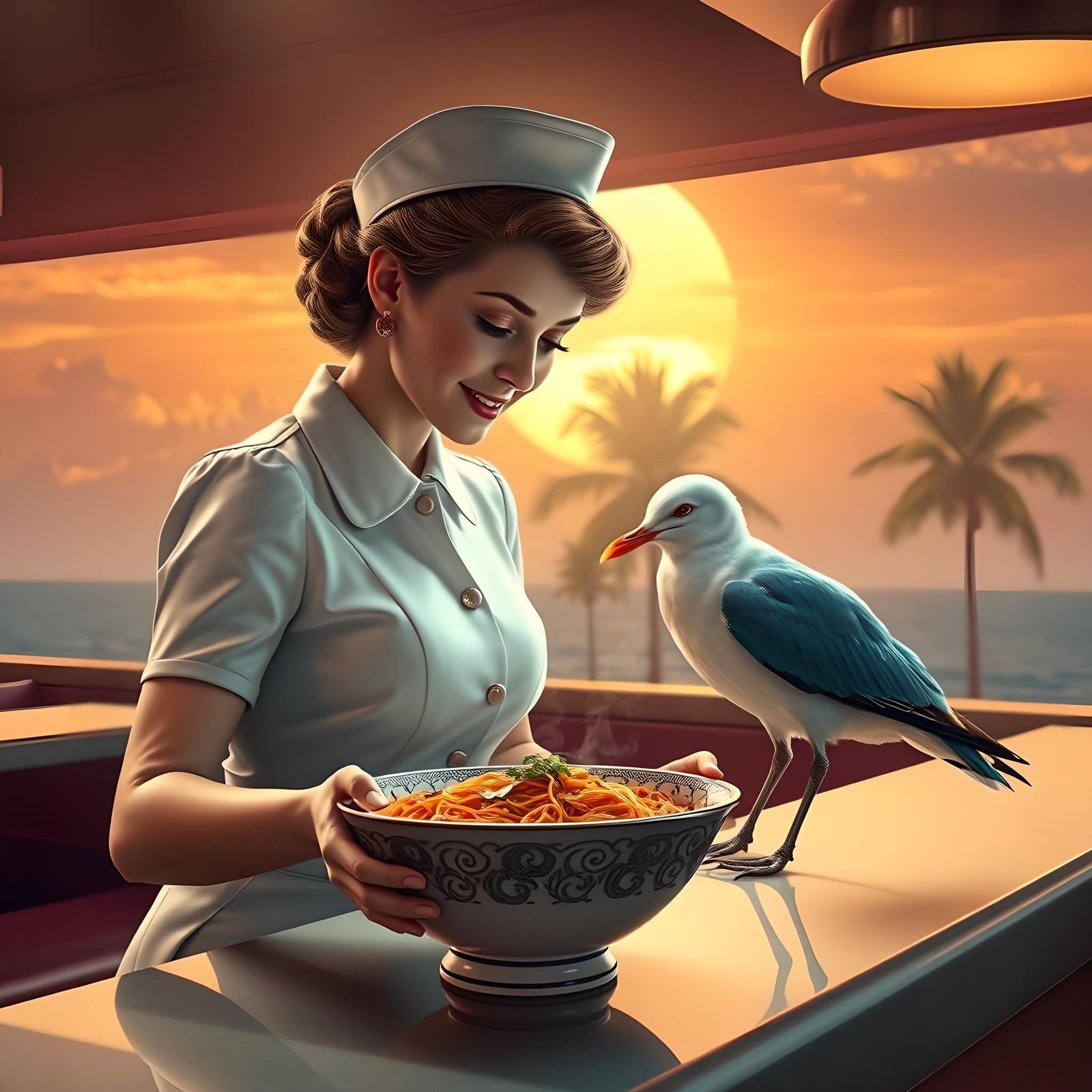 Waitress Serves Seagull Ramen: Detailed Matte Painting